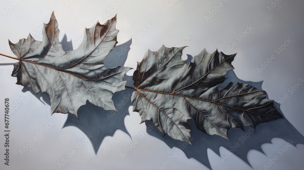  a painting of two leaf shaped objects floating on top of a body of water in front of a gray sky with a thin thin thin line of leaves on the top of the left side of the image.  generative ai