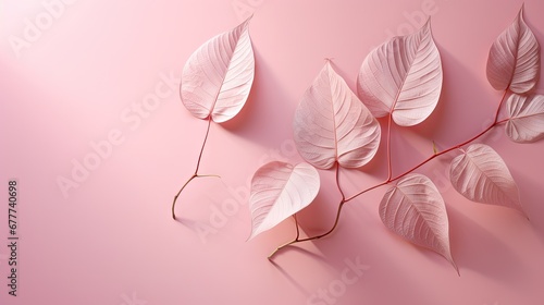  a branch of a plant with leaves on a pink background with a shadow of a plant on the left side of the frame and a pink background with a shadow of leaves on the right side.  generative ai