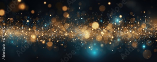 Abstract Background With Glitter Lights In Gold, Blue, And Black Space For Text. Сoncept Abstract Background, Glitter Lights, Gold, Blue, Black, Space For Text