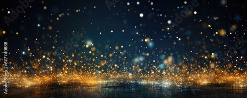 Abstract Glitter Lights Background In Blue, Gold, And Black Tones Space For Text. Сoncept Abstract Glitter Lights, Blue, Gold, Black, Space For Text
