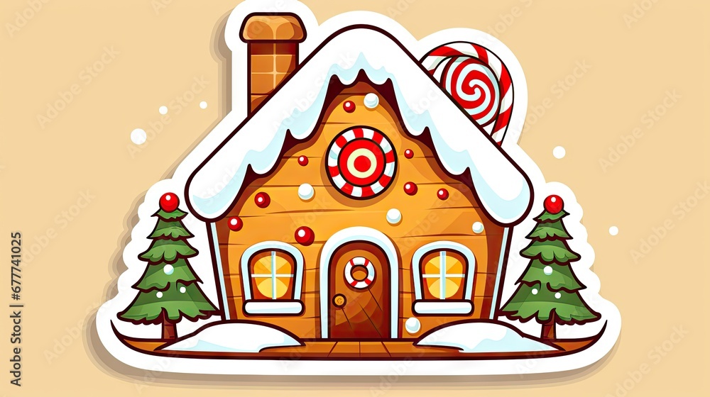 a sticker of a gingerbread house with candy and lollipops on the roof and a candy cane in the front of the front of the house. generative ai a sticker of a gingerbread house with candy and lollipops on the roof and a candy cane in the front of the front of the house. generative ai
