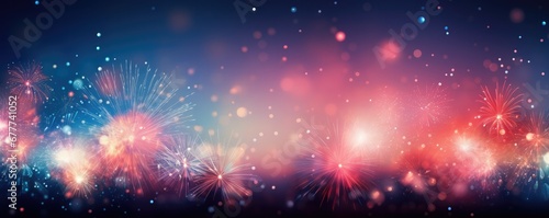 Colorful Fireworks With Bokeh Effect For New Year Celebration Space For Text. Сoncept Starry Night Sky, Glittering Reflections, Bursting Colors, Celebratory Atmosphere, Festive Fireworks.