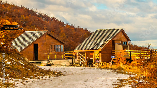 Rustic wooden park range houses, ushuaia, argentina