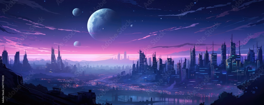 Nighttime Illustration Of A Cyberpunk City Space For Text. Сoncept Cyberpunk Cityscape, Futuristic Night Scene, Neon Lights, Dystopian Urban Landscape, Technological Metropolis