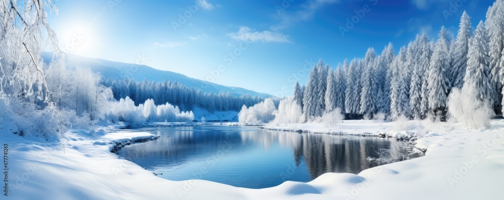 Serene Winter Landscape Covered In Snow Space For Text. Сoncept Winter Wonderland, Snowy Scenery, Silent Snowscape, Frosty Landscape, Winter Magic