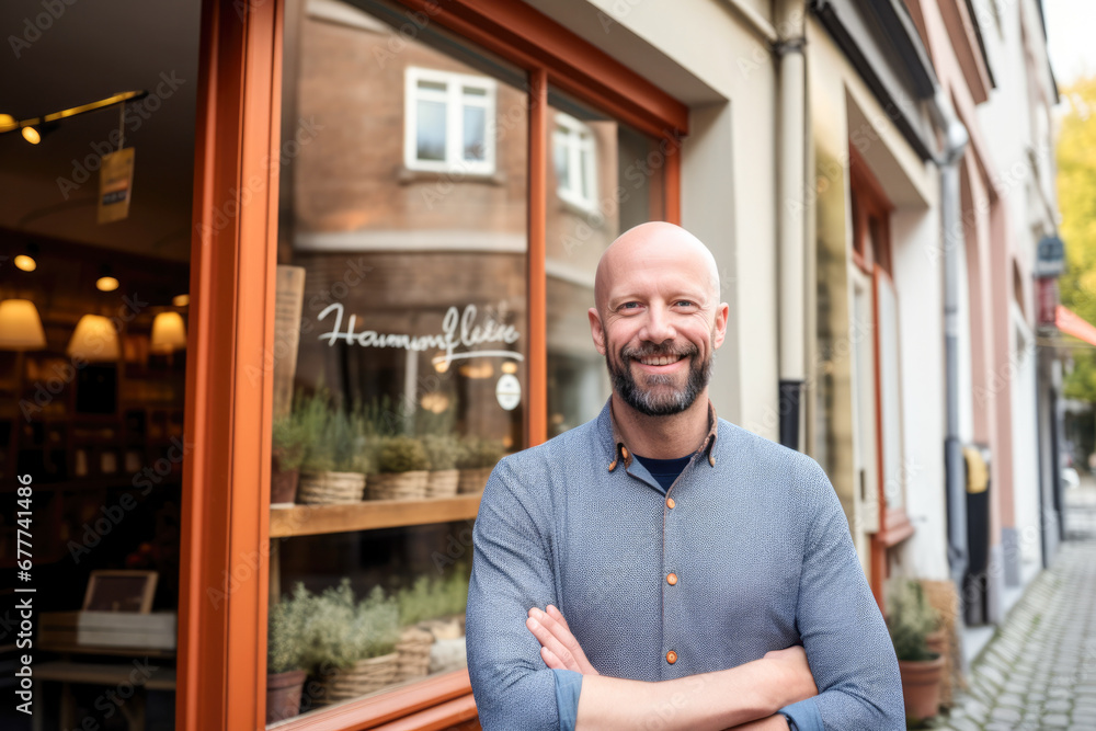 Shop Owner's Smiles of Achievement. His hard work pays off as he proudly opens his store. Shop Owner's Smiles of Achievement. His hard work pays off as he proudly opens his store.