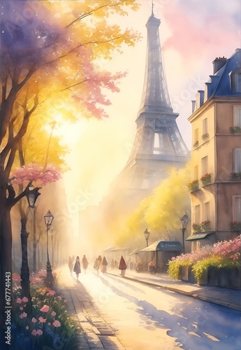 Old street in Paris. Watercolor style. AI generated illustration