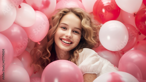 a girl surrounded by red and pink balloons