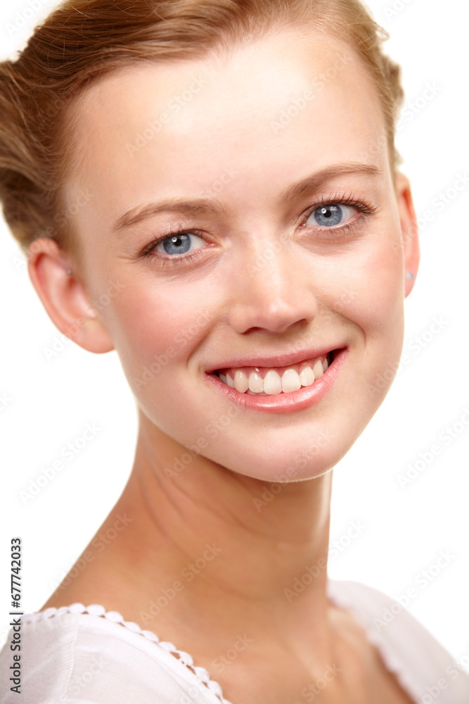 Woman, smile and portrait of beauty from skincare with confidence in white background or studio. Happy, face and girl with dermatology, care and glow on skin from cosmetics, treatment or makeup Woman, smile and portrait of beauty from skincare with confidence in white background or studio. Happy, face and girl with dermatology, care and glow on skin from cosmetics, treatment or makeup