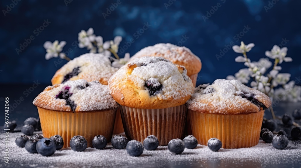  a pile of blueberry muffins sitting on top of a table covered in powdered sugar and blueberries are next to the muffins on the table.  generative ai