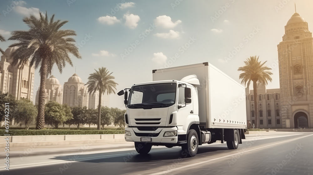 Photo white truck drive on road on landscape city Sharjah. Online cargo delivery service, logistics or tracking app concept. - obrazy, fototapety, plakaty 