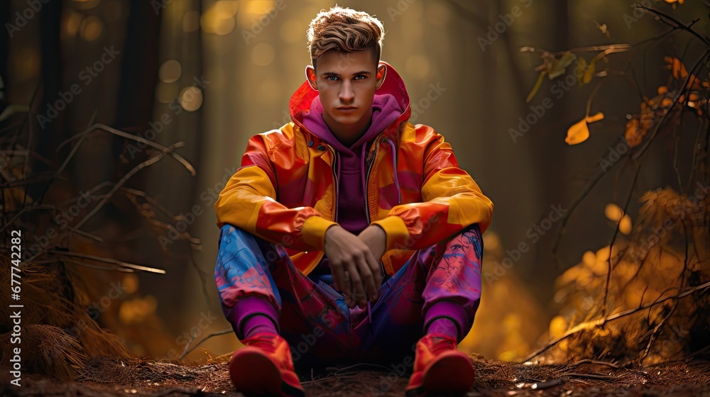 a young man sitting in the middle of a forest wearing a colorful jacket and pants with a hoodie over his head and a pair of red shoes on his feet. generative ai a young man sitting in the middle of a forest wearing a colorful jacket and pants with a hoodie over his head and a pair of red shoes on his feet. generative ai