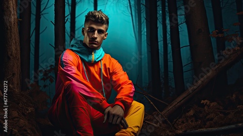  a man sitting on a log in the middle of a forest wearing an orange and pink jacket and yellow pants and a blue hoodie with a black eye patch.  generative ai © Nadia
