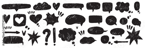 Speech bubble vector set, doodle texture comic talk balloon kit, hand drawn crayon cloud message. Speak sign dialog communication frame, hearts, arrow, question. Chalk marker speech bubble drawing box