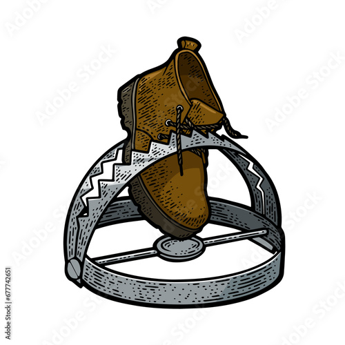 boot in a trap sketch color engraving hand drawn vector illustration. T-shirt apparel print design. Scratch board imitation. Black and white hand drawn image.