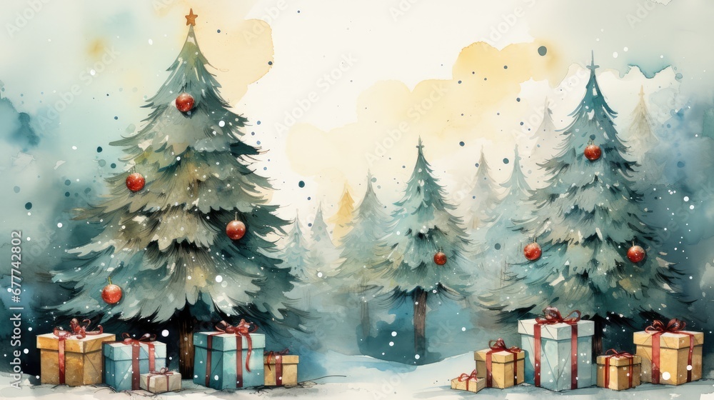 a painting of a christmas tree with presents in front of it and a snow covered forest with evergreen trees in the background with red balls on the top of the.  generative ai