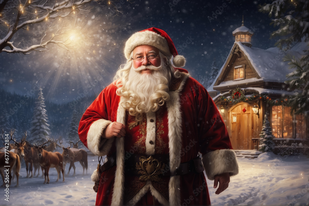 Digital illustration of a Santa Claus stands tall and jolly, by a warm smile. In the air magical is flurry of Christmas stars , illuminating the serene landscape.