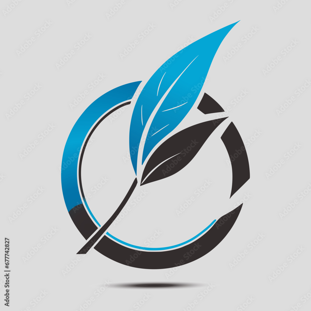 Eco friendly logo with a blue and black leaf in a circular shape Eco friendly logo with a blue and black leaf in a circular shape