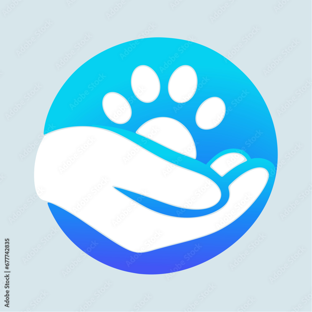 Hand holding a paw, vector illustration in blue and white Hand holding a paw, vector illustration in blue and white