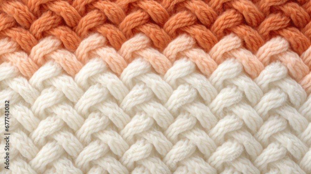 Macro image of a close-up texture of a knitted pattern, white, cream and orange colors filling the frame Macro image of a close-up texture of a knitted pattern, white, cream and orange colors filling the frame