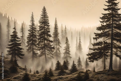 In the heart of a mist-laden fir forest, a vintage retro style transports us to a world of timeless beauty. © md