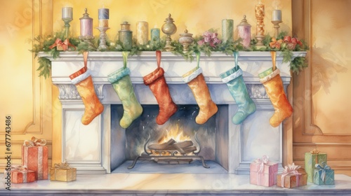  a painting of a fireplace with stockings hanging from it's mantle and presents on the mantle next to it and a fireplace with a lit fire in the background. generative ai