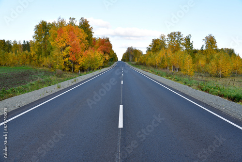 Beautiful autumn asphalt road through the forest. Highway is a road in a beautiful countryside.