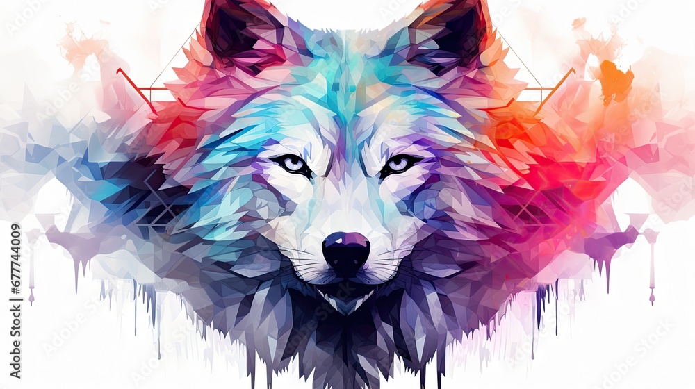 a close up of a wolf's face with paint splatters on the side of the wolf's face and the wolf's head in the background. generative ai a close up of a wolf's face with paint splatters on the side of the wolf's face and the wolf's head in the background. generative ai