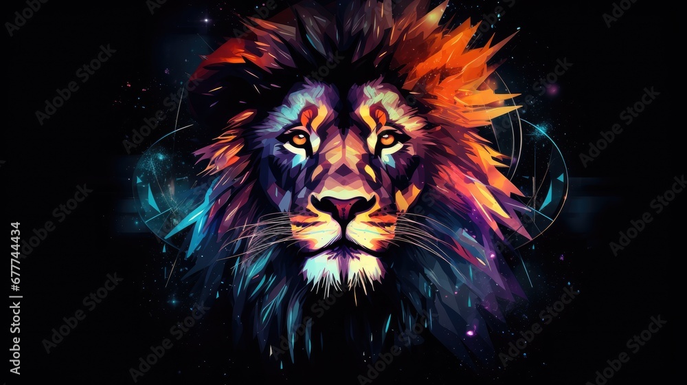 a close up of a lion's face on a black background with colorful lines and circles around the lion's head and the lion's head is brightly colored.  generative ai