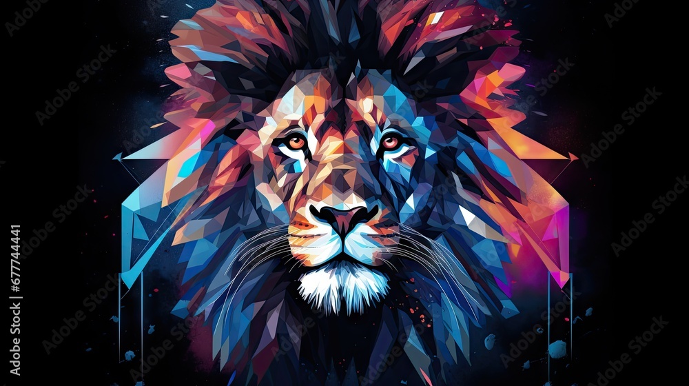  a close up of a lion's face on a black background with a colorful design on the front of the lion's head and the lion's head.  generative ai