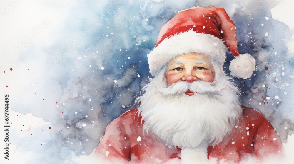 a watercolor painting of a santa clause wearing a red and white suit with a white beard and a red and white santa hat with snow flakes on it. generative ai a watercolor painting of a santa clause wearing a red and white suit with a white beard and a red and white santa hat with snow flakes on it. generative ai