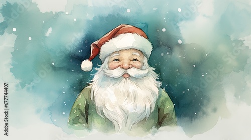  a watercolor painting of a santa claus wearing a green shirt and a red santa hat with a snowflake on it's head and a blue background. generative ai