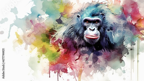  a watercolor painting of a monkey's face with colorful paint splatters on it's face and a red, white, blue, green, yellow, pink, and red, and black monkey's head. generative ai