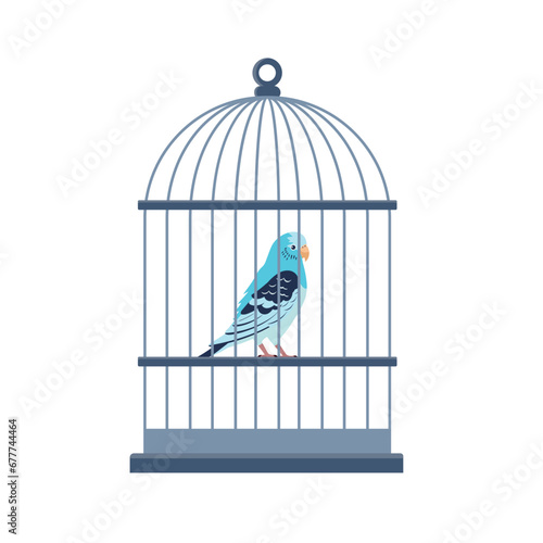 Parakeet  bird in a cage isolated on white background. Vector stock