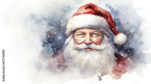  a watercolor painting of a santa clause wearing a red and white santa claus hat with his eyes closed and nose painted with watercolors on a white background.  generative ai © Nadia