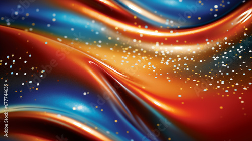 Abstract wavy background with a blend of blue and orange hues sprinkled with glittering particles.