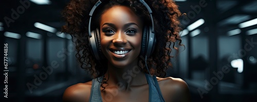 dark skinned woman in good mood, raises arm with muscles, has strong body, dressed in gym outfit, listens audio, Generative AI photo