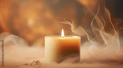  a lit candle sitting on top of a table next to a pile of sand and a blurry image of smoke coming out of the top of the top of the candle. generative ai