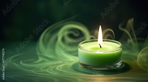  a green candle sitting on top of a table next to a candle holder with a lit candle in the middle of the candle and a green background with swirls.  generative ai