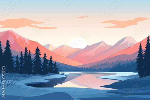 Beautiful winter sunset in the mountains. Amazing mountain lakes and forest against the backdrop of stunning mountains. Christmas or New Year design.