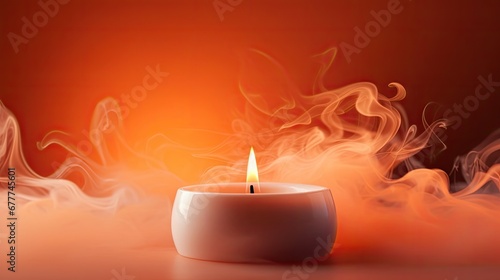  a candle that is sitting on a table with a lot of smoke coming out of it and on top of the table is a red and orange background with white smoke. generative ai
