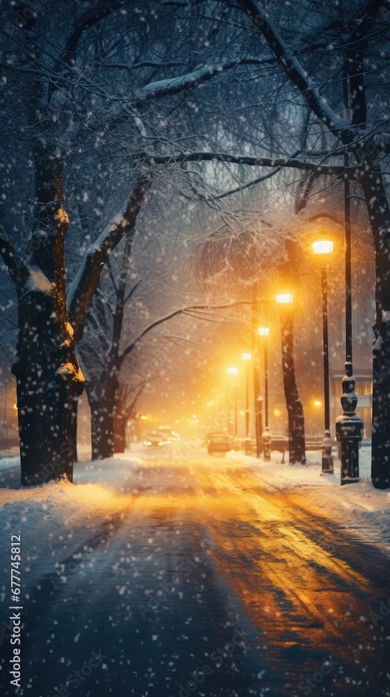 a city street covered in snow at night with street lamps and street lamps on either side of the street and a few cars parked on the side of the street. generative ai a city street covered in snow at night with street lamps and street lamps on either side of the street and a few cars parked on the side of the street. generative ai