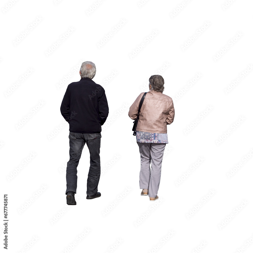 Naklejka premium Couple de seniors vu de dos, marchant en automne, homme en veste noire et pantalon gris, femme en veste rose et pantalon clair, tous deux aux cheveux gris