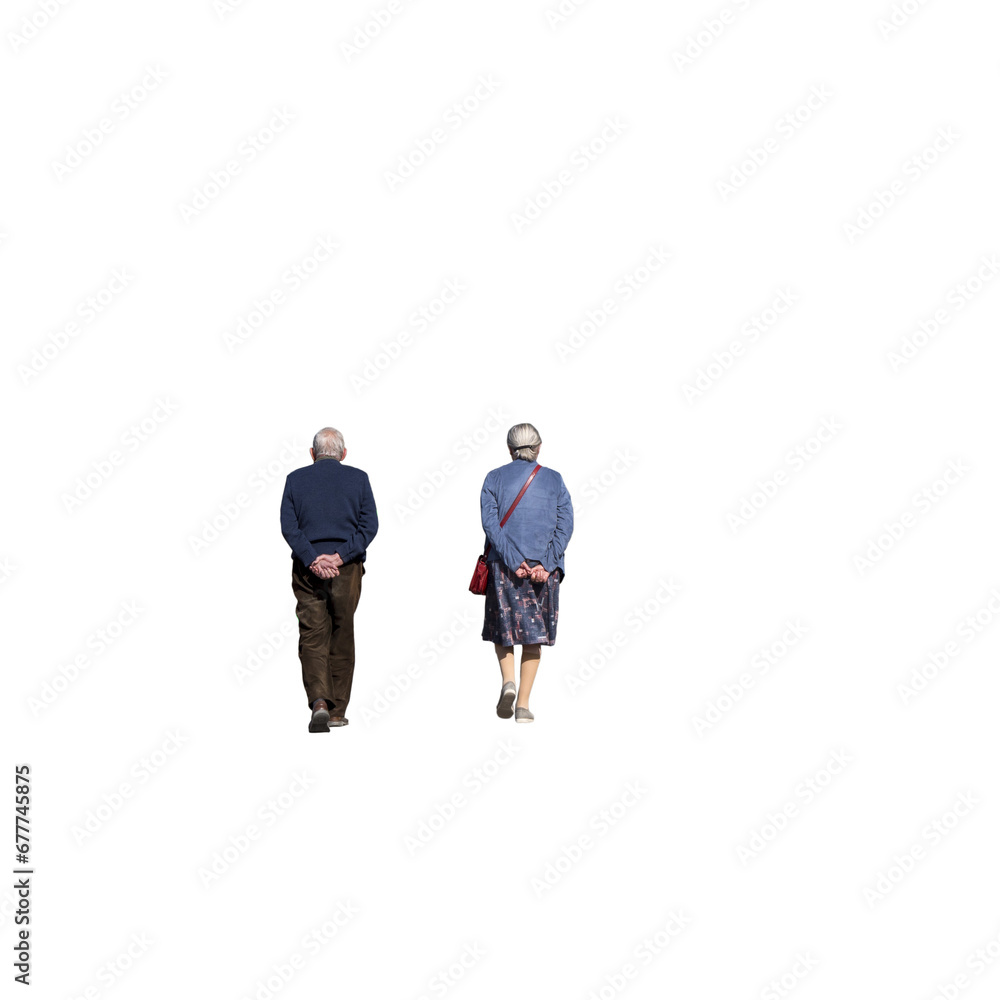 Couple de seniors vu de dos, ils se promènent tranquillement, ambiance sereine d'une belle journée printanière, image détourée Couple de seniors vu de dos, ils se promènent tranquillement, ambiance sereine d'une belle journée printanière, image détourée