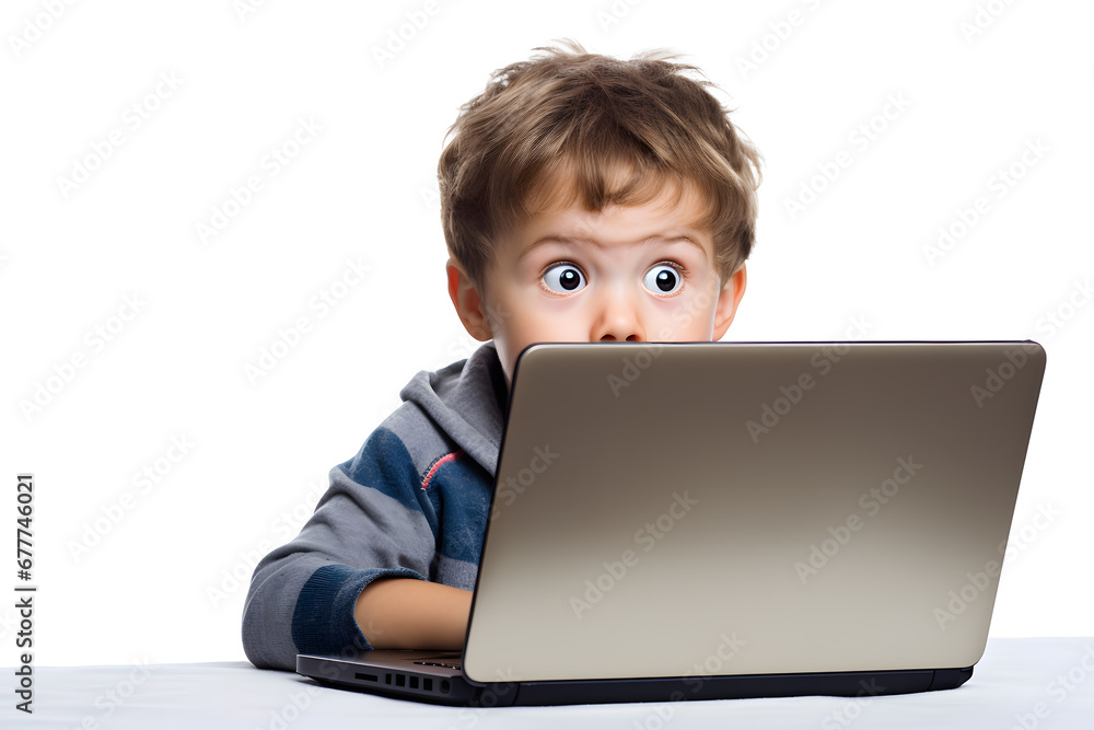 Small kid boy surprised or shocked looking at laptop screen isolated on white background Small kid boy surprised or shocked looking at laptop screen isolated on white background