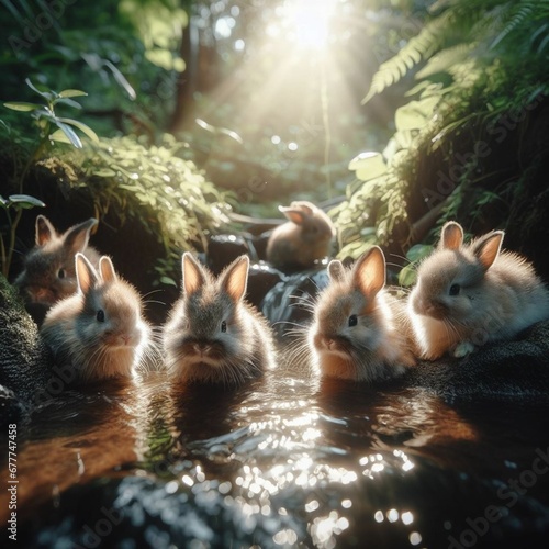 rabbit family in the green forest