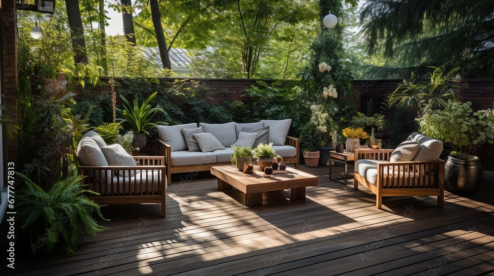outdoor balcony living room area cosy furniture wicker material cosy comfort realx natural home and garden design background - obrazy, fototapety, plakaty 