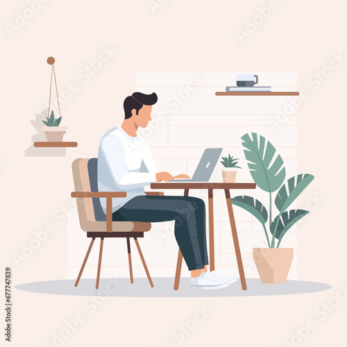 Man is sitting at a desk with a laptop and a potted plant in front of him. Concept of productivity and focus, as the man is likely working on a project or task