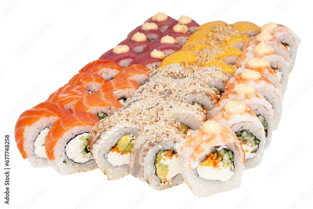 Very popular meal from Japan consists of the combination of the seafood and rice. Tasty rolls with soft cream cheese philadelphia, cucumber, salmon, tuna, perch and sesam. Very popular meal from Japan consists of the combination of the seafood and rice. Tasty rolls with soft cream cheese philadelphia, cucumber, salmon, tuna, perch and sesam.