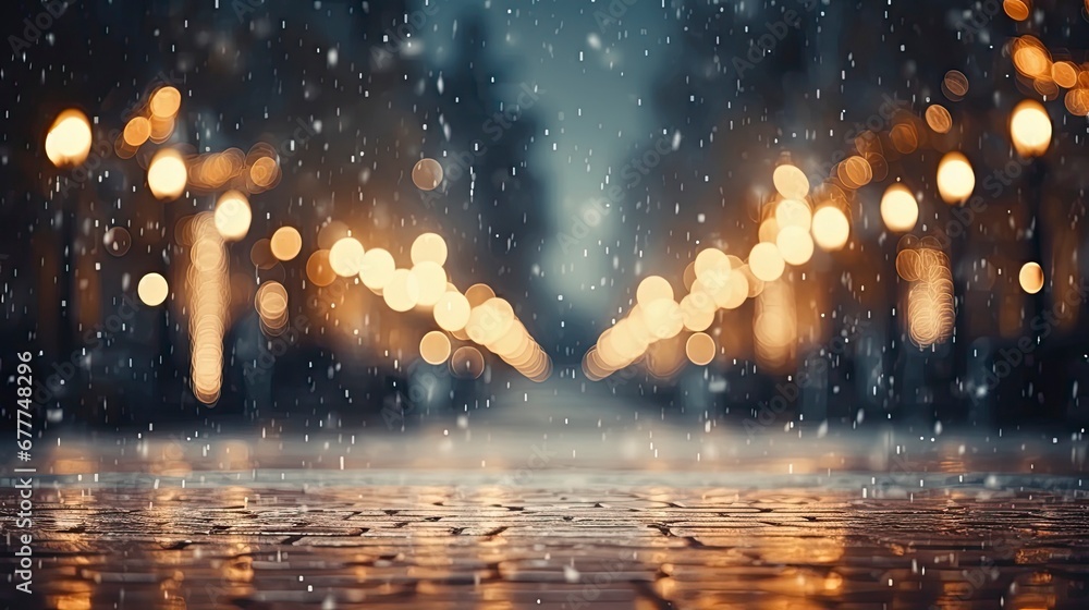 Beautiful blurred street of festive night or evening city with snowfall and Christmas lights. Abstract christmas defocused background, Generative AI - obrazy, fototapety, plakaty 